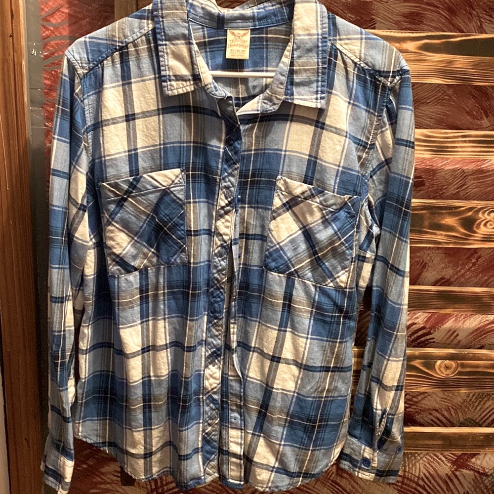 Faded Glory SZ XL (16-18), Blue Plaid Flannel Shirt